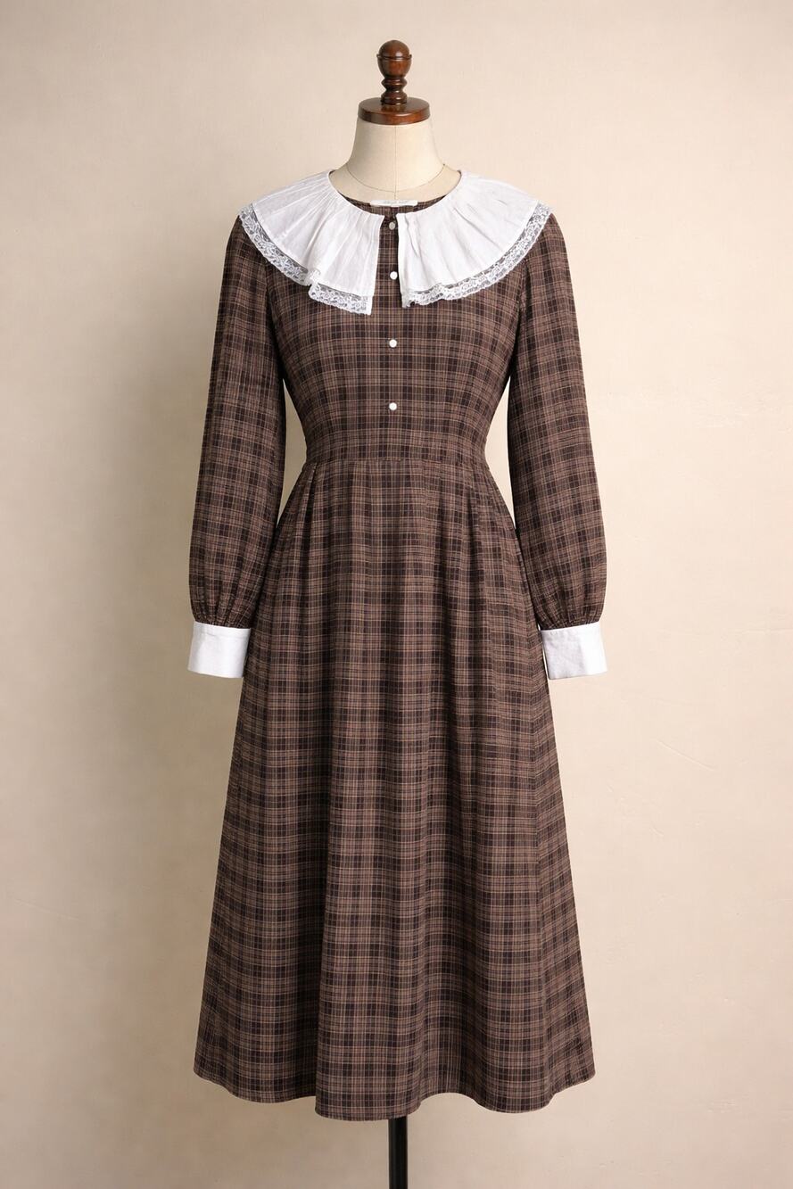 Simple Retro Brown Plaid Prairie Dress Lace Trim Oversized Collar Size L
